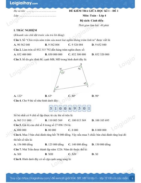 Đề kiểm tra giữa học kì 1 Toán 4 Cánh diều - Đề số 1